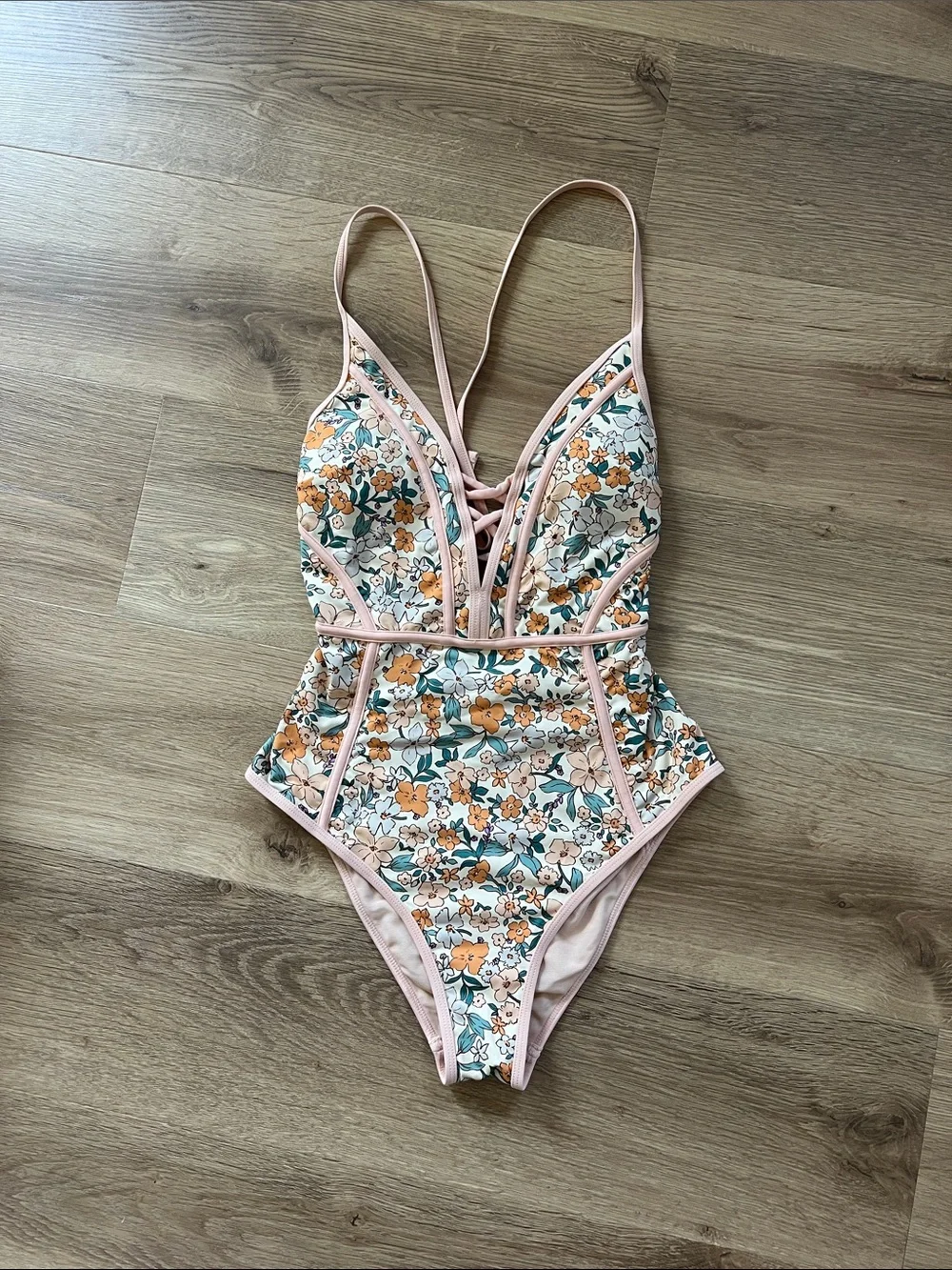 Floral One-Piece Swimsuit with Pink Trim